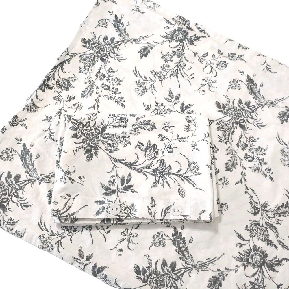 IKEA Alvine Kvist Pillowcase Shams Gray Flowers Toile Button Standard Set of 2
